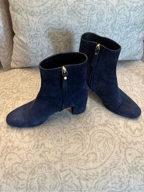 M. Gemi Navy Suede Block Heel Ankle Booties with Side Zip